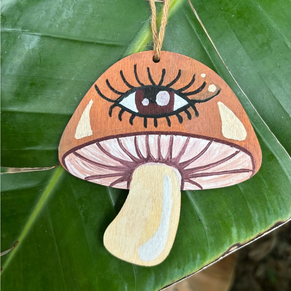 Tan Mushroom Ornament Trippy Hand Painted Wooden Ornament for Mushroom Lovers